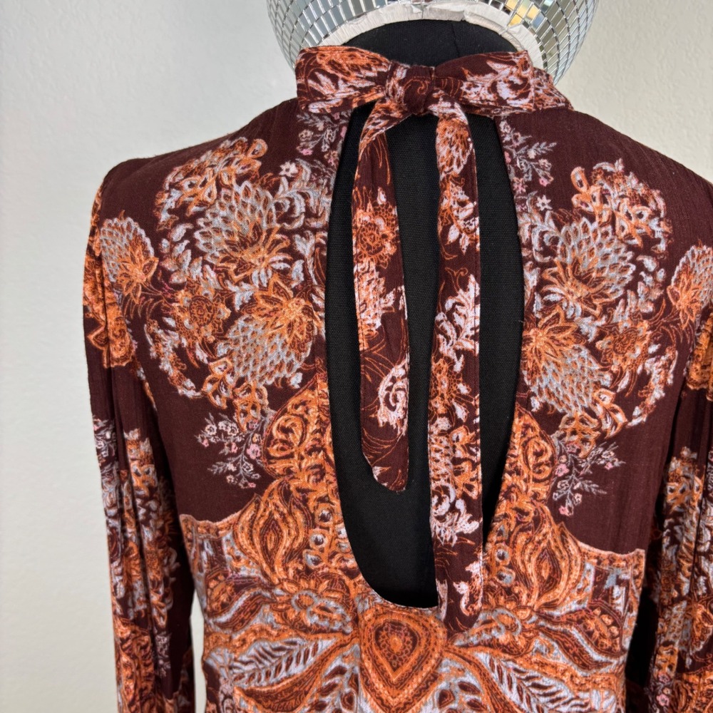 Free People Lady Luck Tunic Medium Burgundy Paisley Open Back Bell Sleeve Hippie - Picture 6 of 14